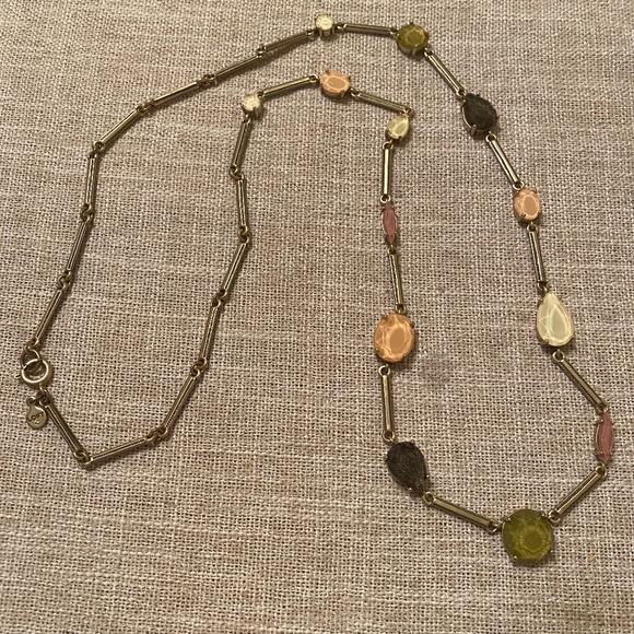 Ann Taylor LOFT long gold tone Rhinestone Necklace Cabochon Bar 30" - Picture 1 of 5